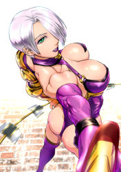 Rule 34 | 1girl, ass, bare shoulders, biceps, bodysuit, breasts, cleavage, eyeshadow, female focus, foreshortening, gloves, green eyes, hair over one eye, isabella valentine, large breasts, lipstick, makeup, muscular, muscular female, namco, purple bodysuit, purple lips, revealing clothes, short hair, solo, soul calibur, soulcalibur, soulcalibur ii, sword, thighhighs, ueyama michirou, weapon, whip, whip sword, white hair