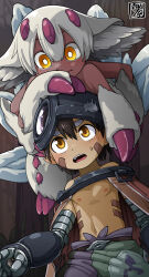 Rule 34 | 1boy, 1girl, blush, brown hair, claws, commentary, commentary request, cyborg, dark-skinned female, dark-skinned male, dark skin, extra arms, facial mark, faputa, furry, girl on top, hair between eyes, helmet, highres, kaminosaki, made in abyss, mechanical arms, monster girl, navel, open mouth, regu (made in abyss), short hair, simple background, very dark skin, white fur, white hair, yellow eyes