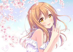 Rule 34 | 10s, 1girl, :d, bad id, bad pixiv id, breasts, brown eyes, brown hair, character signature, cherry blossoms, cleavage, commentary request, from side, hair between eyes, head tilt, kunikida hanamaru, long hair, looking at viewer, love live!, love live! sunshine!!, open mouth, own hands together, signature, small breasts, smile, solo, upper body, yuuki (yukinko-02727)