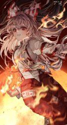 Rule 34 | 1girl, arm up, bad id, bad twitter id, bow, breasts, brown background, buttons, closed mouth, collared shirt, fire, fujiwara no mokou, gradient background, grey bow, grey shirt, hair between eyes, hair bow, hand up, highres, juliet sleeves, long sleeves, looking at viewer, medium breasts, moon, multicolored bow, ofgwr, ofuda, ofuda on clothes, pants, puffy long sleeves, puffy sleeves, red bow, red eyes, red pants, shirt, signature, smile, solo, teeth, touhou, v-shaped eyebrows