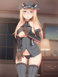 Rule 34 | 10s, 1girl, :d, bare shoulders, bismarck (kancolle), black panties, blonde hair, blue eyes, blush, breasts, brown gloves, ceiling, clothes lift, cowboy shot, curtains, detached sleeves, drawer, dress, eyebrows, framed, gloves, gluteal fold, groin, hair between eyes, hat, highres, indoors, kantai collection, lamp, large breasts, lifted by self, long hair, looking at viewer, military, military uniform, night, open mouth, panties, peaked cap, photo (object), picture frame, shirt lift, short dress, sideboob, smile, solo, sweat, tachimi (basue), thighhighs, underboob, underwear, uniform, wall, window