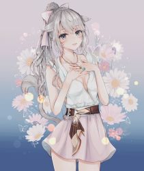 Rule 34 | 1girl, animal ears, warrior of light (ff14), bad id, bad pixiv id, breasts, breasts apart, cat ears, cat tail, cowboy shot, dress, facial mark, final fantasy, final fantasy xiv, floral background, gradient background, grey eyes, grey hair, hands on own chest, highres, jewelry, long hair, looking at viewer, medium breasts, miqo&#039;te, necklace, ponytail, sakura mochiko, solo, tail, whisker markings