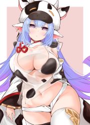 Rule 34 | 1girl, :o, animal ears, animal print, blue hair, breasts, catura (granblue fantasy), commentary request, cow ears, cow girl, cow hood, cow horns, cow print, detached sleeves, draph, ear piercing, granblue fantasy, highres, horns, large breasts, long hair, looking at viewer, navel, piercing, purple eyes, see-through, short shorts, shorts, solo, thighhighs, thighs, white shorts, white thighhighs, yukibi shirube