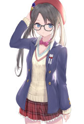 Rule 34 | 1girl, beret, black-framed eyewear, black hair, blazer, blue eyes, blue jacket, bow, bowtie, brown sweater, collared shirt, cowboy shot, glasses, hand up, hat, highres, idolmaster, idolmaster shiny colors, jacket, long hair, long sleeves, looking at viewer, miniskirt, mitsumine yuika, open clothes, open jacket, pink bow, pink bowtie, plaid, plaid skirt, red hat, red skirt, school uniform, shirt, sidelocks, simple background, skirt, solo, sweater, twintails, white background, white shirt, wing collar, yanagi (hgkaikai)