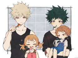 Rule 34 | 1girl, 3boys, bakugou katsuki, bare shoulders, black tank top, blonde hair, blue overalls, blush, boku no hero academia, carrying, carrying person, child, coi mha, collarbone, feet out of frame, freckles, green hair, holding, holding toothbrush, looking at viewer, midoriya izuku, multiple boys, overall skirt, overalls, short hair, short sleeves, spiked hair, tank top, toothbrush, twintails, white background