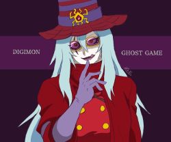 Rule 34 | 1girl, amatera, archnemon, costume, crazy eyes, creepy, digimon, digimon ghost game, glasses, hat, licking lips, long hair, looking at viewer, tongue, tongue out, very long hair