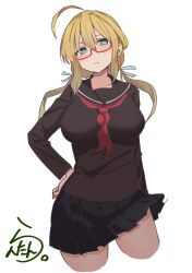 Rule 34 | 1girl, absurdres, black sailor collar, black serafuku, black shirt, black skirt, blonde hair, blue eyes, blush, breasts, glasses, hair ribbon, highres, i-8 (kancolle), kantai collection, lanthan, large breasts, long hair, long sleeves, looking at viewer, low twintails, neckerchief, pleated skirt, red-framed eyewear, red neckerchief, ribbon, sailor collar, school uniform, serafuku, shirt, skirt, solo, twintails, upper body, white background
