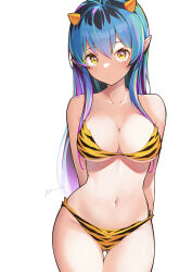 Rule 34 | 1girl, absurdres, animal print, arms behind back, bare shoulders, bikini, black hair, blue hair, breasts, cleavage, closed mouth, collarbone, commentary request, cone horns, cowboy shot, expressionless, fur bikini, gluteal fold, green hair, highres, horns, itou kazuki, large breasts, long hair, looking at viewer, lum, multicolored hair, navel, oni, pointy ears, purple hair, signature, simple background, solo, standing, stomach, strapless, strapless bikini, swimsuit, thigh gap, tiger print, urusei yatsura, white background, yellow bikini, yellow eyes, yellow horns