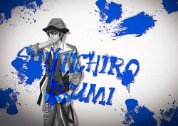 Rule 34 | 1boy, blue necktie, blue theme, character name, collared shirt, cowboy shot, cropped jacket, hand up, hat, hikaru no go, hun (endlesslovehikaru), isumi shin&#039;ichirou, long sleeves, looking away, male focus, monochrome, necktie, paint on clothes, paint splatter, pants, shirt, short hair, smile, solo, spot color, suspenders hanging, thumb in pocket, untucked shirt