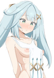 Rule 34 | 1girl, blue hair, blush, breasts, breasts out, closed mouth, collarbone, donutman, dress, faruzan (genshin impact), genshin impact, green eyes, hair ornament, highres, large breasts, nipples, simple background, solo, sweat, twintails, white background, white dress, x hair ornament
