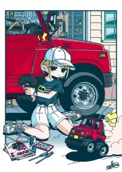 Rule 34 | 1girl, baseball cap, black shirt, blonde hair, can, car, collarbone, controller, frown, hair behind ear, hat, highres, holding, holding controller, lightning bolt symbol, magazine (object), motor vehicle, original, red bull, remote control vehicle, satosio, screwdriver, shirt, shirt tucked in, shoes, shorts, sitting, smoke, sneakers, solo, steering wheel, suzuki (company), vehicle request, wariza, white footwear, white hat, white shorts, window