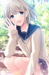 Rule 34 | 1girl, :d, black sailor collar, blue eyes, blue skirt, blurry, blurry background, blush, brown cardigan, cardigan, commentary request, day, depth of field, earrings, grey hair, hair between eyes, hand up, highres, idolmaster, idolmaster shiny colors, jewelry, long sleeves, looking at viewer, open mouth, outdoors, plaid, plaid skirt, pleated skirt, sailor collar, satoimo chika, school uniform, serafuku, serizawa asahi, skirt, sleeves past wrists, smile, solo, squatting, white neckwear