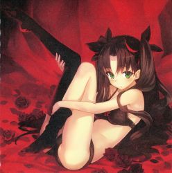 Rule 34 | 10s, 1girl, bare shoulders, black bra, black panties, black thighhighs, bra, brown hair, fate/extra, fate/extra ccc, fate (series), flower, green eyes, highres, lingerie, no shoes, official art, panties, petals, ribbon, rose, rose petals, shirabi, solo, thighhighs, tohsaka rin, twintails, two side up, underwear, underwear only