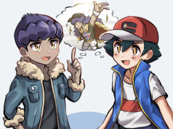 Rule 34 | + +, 2boys, :d, ash ketchum, black hair, black shirt, blue jacket, brown eyes, charizard pose, child, commentary request, creatures (company), fur-trimmed jacket, fur trim, game freak, hand up, hat, highres, hop (pokemon), index finger raised, jacket, leon (pokemon), male focus, multiple boys, nintendo, open mouth, pokemon, pokemon (anime), pokemon journeys, purple hair, red headwear, shared thought bubble, shirt, short hair, sleeveless, sleeveless jacket, smile, t-shirt, thought bubble, tongue, upper body, white shirt, yellow eyes, zou jiang