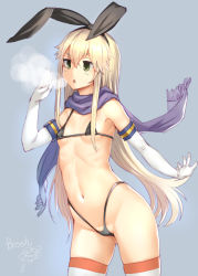 Rule 34 | 1girl, bikini, black bikini, blonde hair, bosshi, breasts, cowboy shot, elbow gloves, gloves, green eyes, hair between eyes, hairband, highleg, highleg bikini, highres, kantai collection, long hair, navel, scarf, shimakaze (kancolle), simple background, small breasts, solo, striped clothes, striped thighhighs, swimsuit, thighhighs, white gloves