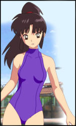 Rule 34 | 1girl, black hair, brown eyes, casual one-piece swimsuit, inuyasha, long hair, lowres, one-piece swimsuit, ponytail, sango (inuyasha), solo, swimsuit, turtleneck
