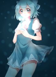 Rule 34 | 1girl, absurdres, blue dress, blue eyes, blue hair, cirno, cowboy shot, dress, glowing, gradient background, highres, light particles, matching hair/eyes, ribbon, rie (moyktti), shadow, short hair, snowflakes, solo, touhou