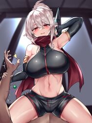 Rule 34 | 1boy, 1girl, absurdres, arm behind head, arm grab, arm up, armpits, bare shoulders, black gloves, black shirt, black shorts, blush, breasts, candy, clothed female nude male, commission, crop top, dungeon and fighter, elbow gloves, femdom, fingerless gloves, food, girl on top, gloves, gold trim, hetero, highres, holding, holding another&#039;s wrist, holding weapon, huge breasts, kunai, lollipop, long hair, looking at viewer, midriff, navel, ninja, ninja (dedett) (dungeon and fighter), nude, open mouth, original, pointy ears, ponytail, pov, pov hands, red eyes, reverse grip, scarf, shirt, short shorts, shorts, sidelocks, sleeveless, sleeveless shirt, smile, solo focus, spread legs, stomach, thighs, trembling, weapon, white hair, younki