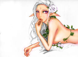 Rule 34 | 1girl, absurdres, arm support, breasts, elf, eyelashes, facial mark, flower, forehead mark, hand on own face, highres, lips, long hair, looking to the side, lying, nude, on stomach, plant, pointy ears, purple eyes, rexsoundhorizon, rose, simple background, solo, wavy hair, white hair, white rose