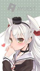 Rule 34 | 10s, 1girl, amatsukaze (kancolle), bankoku ayuya, blush, choker, gloves, hair tubes, hand to own mouth, heart, jewelry, kantai collection, long hair, looking at viewer, ring, sailor collar, single glove, solo, two side up, upper body, wedding band, white gloves, white hair, yellow eyes