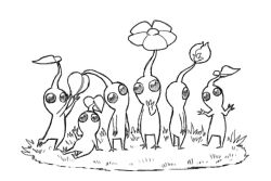 bud commentary_request flower greyscale hand_on_own_chin hand_up hands_up head_tilt leaf leg_up looking_at_another monochrome naru_(wish_field) nintendo no_humans no_mouth on_grass pikmin_(creature) pikmin_(series) reaching simple_background sitting solid_circle_eyes standing talking waving white_background white_pikmin