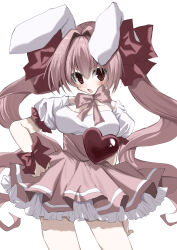 Rule 34 | 1girl, animal ears, blush, bow, bowtie, breasts, commentary request, contrapposto, cowboy shot, di gi charat, frilled sleeves, frills, grey background, hair between eyes, hair bow, hair intakes, heart pin, high-waist skirt, highres, kasukasugom1, large breasts, long hair, looking at viewer, medium bangs, open mouth, petticoat, pink bow, pink bowtie, pink hair, pink skirt, puffy short sleeves, puffy sleeves, rabbit ears, red bow, shirt, short sleeves, simple background, skirt, solo, standing, twintails, usada hikaru, v-shaped eyebrows, very long hair, white shirt, wrist bow