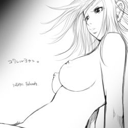 Rule 34 | 1girl, breasts, falcoon, female pubic hair, gradient background, greyscale, monochrome, nipples, original, pubic hair, simple background, solo, white background