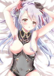 Rule 34 | 1girl, absurdres, areola slip, arm over head, armpit crease, armpits, arms up, azur lane, bad id, bad pixiv id, bare shoulders, bed, between breasts, blush, breasts, buttons, commentary, cross, double-breasted, gloves, hair between eyes, hair over breasts, headgear, highres, iron cross, large breasts, looking at viewer, lying, medium breasts, nipple slip, nipples, on back, on bed, parted lips, prinz eugen (azur lane), silver hair, solo, yellow eyes, yukine416