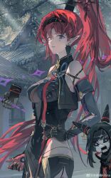 Rule 34 | arm strap, armband, bare shoulders, black armband, black gloves, doll, earrings, gloves, high ponytail, highres, jewelry, mole, mole under eye, pointy ears, red hair, thighs, wuthering waves, yinlin (wuthering waves), zhongyuanqing