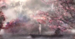 Rule 34 | 00, 1boy, 1girl, ajirogasa, blurry, boat, cherry blossoms, fog, hat, highres, looking away, muted color, oil-paper umbrella, original, river, scenery, silhouette, standing, stone lantern, straw hat, tree, umbrella, water, watercraft