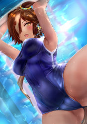 Rule 34 | 1girl, animal ears, armpits, arms up, bad id, bad pixiv id, blue one-piece swimsuit, blush, breasts, brown hair, cameltoe, commentary request, competition school swimsuit, covered navel, from below, gluteal fold, hair over one eye, highres, horse ears, horse girl, horse tail, kokoa ninniku, looking at viewer, looking down, medium breasts, multicolored hair, one-piece swimsuit, revision, school swimsuit, short hair, solo, spread legs, streaked hair, swimsuit, tail, thighs, two side up, umamusume, vodka (umamusume), water, white hair, yellow eyes