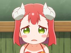 Rule 34 | 1girl, blurry, blurry background, blush, chibi, commentary request, d:, endro!, fangs, green eyes, horns, indoors, long hair, looking at viewer, mao (endro!), open mouth, portrait, red hair, shirosato, short hair, solo
