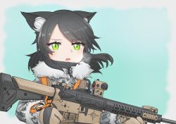 Rule 34 | 1girl, absurdres, animal ear fluff, animal ears, black hair, blush, breath, cat ears, cat girl, coat, expressionless, fur trim, gloves, green eyes, gun, highres, holding, holding gun, holding weapon, long hair, long sleeves, looking ahead, military, open mouth, original, solo, srtdrawart, tactical clothes, upper body, weapon, winter clothes, winter coat