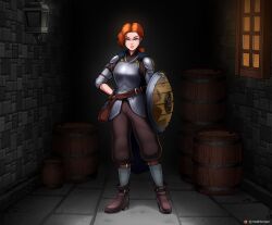 1girl armor artist_name belt blue_eyes bottle breastplate brown_belt brown_pants commission full_body hand_on_own_hip holding holding_shield lieutenant_keelin long_hair looking_at_viewer mephiscrypie orange_hair original outdoors pants shield shoulder_plates solo standing window