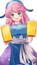 Rule 34 | 1girl, :d, absurdres, alcohol, animal hat, apron, beer, beer mug, blue apron, blue hat, blue shirt, breasts, cowboy shot, cup, green eyes, hat, highres, holding, holding cup, long hair, looking at viewer, lykesya, medium breasts, mug, okunoda miyoi, open mouth, pink hair, purple skirt, shirt, short sleeves, simple background, skirt, smile, solo, touhou, whale hat, white background