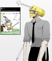 Rule 34 | 2boys, battle, black necktie, chainsaw man, clenched hand, drooling, grass, grey background, grey necktie, hammer, highres, k3nnyn3v, laundry, male focus, monster boy, multiple boys, necktie, on person, parody, saliva, saliva trail, screw, screwdriver, shirt tucked in, simple background, sleeves rolled up, teeth
