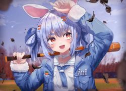 Rule 34 | 1girl, baseball bat, blue hair, blue ribbon, blurry, blurry background, breast pocket, carrot hair ornament, choker, collared shirt, food-themed hair ornament, hair ornament, hair ribbon, hairpin, highres, hololive, koromay ho, leaf, long sleeves, open mouth, orange hair, outdoors, pocket, rabbit girl, ribbon, shirt, short twintails, smile, solo, standing, thick eyebrows, twintails, upper body, usada pekora, usada pekora (casual), virtual youtuber, white shirt, wind