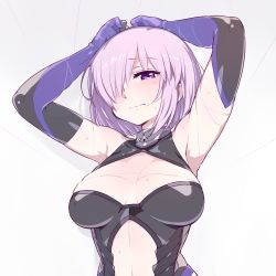 Rule 34 | 1girl, armpits, arms up, bare shoulders, blush, breasts, chan co, cleavage, elbow gloves, fate/grand order, fate (series), gloves, hair over one eye, large breasts, light purple hair, looking at viewer, mash kyrielight, purple eyes, short hair, solo, thread