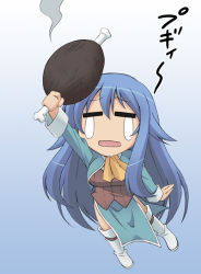Rule 34 | 00s, 1girl, arm up, ascot, blue background, blue hair, boned meat, boots, burnt, chibi, food, full body, gradient background, long hair, meat, no nose, solo, souto, sylpheed, tabard, tears, white background, zero no tsukaima