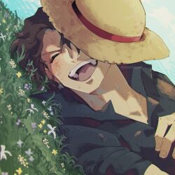 Rule 34 | 1boy, ^ ^, black shirt, close-up, closed eyes, cloud, collared shirt, commentary request, gol d. roger, hat, lying, male focus, on grass, one piece, open mouth, ovasayuri, shirt, short hair, sky, smile, straw hat, twitter username