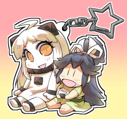 Rule 34 | 2girls, abyssal ship, ahoge, barefoot, black hair, chibi, collar, commentary request, food, food on face, hair ribbon, hisahiko, holding, holding food, horns, japanese clothes, kantai collection, katsuragi (kancolle), charm (object), long hair, long sleeves, mittens, multiple girls, northern ocean princess, onigiri, open mouth, orange eyes, ponytail, ribbon, short sleeves, sitting, skirt, smile, star (symbol), white hair, wide sleeves, aged down