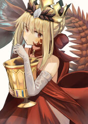 Rule 34 | 1girl, absurdres, bare shoulders, blonde hair, blush, braid, crown, dragon tail, dress, elbow gloves, facial mark, fate/grand order, fate (series), gloves, hair bun, highres, holy grail (fate), kokoa 10701, looking at viewer, nero claudius (fate), nero claudius (fate) (all), open mouth, queen draco (fate), queen draco (first ascension) (fate), red dress, red eyes, scales, sidelocks, simple background, single glove, solo, tail, white background, white gloves