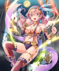 Rule 34 | &gt;:o, 1girl, :o, bare shoulders, bracelet, breasts, building, cleavage, collar, detached sleeves, electricity, full moon, gears, gem, hair ribbon, hairband, holding, jewelry, large breasts, long hair, looking at viewer, moon, navel, night, night sky, official art, open mouth, outline, pink eyes, pink hair, purple ribbon, ribbon, rock, senjou no electro girl, shina shina, sky, solo, star (sky), starry sky, suspenders, thighhighs, v-shaped eyebrows