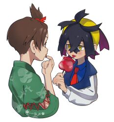 Rule 34 | 2boys, black hair, blue shirt, blush, brown hair, candy apple, collared shirt, commentary request, creatures (company), crossed bangs, eating, eye contact, florian (pokemon), food, game freak, green shirt, hair between eyes, hairband, hand up, highres, holding, jacket, kenta nagasaki, kieran (pokemon), looking at another, male focus, multiple boys, necktie, nintendo, partial commentary, pokemon, pokemon sv, red necktie, shirt, short hair, simple background, tongue, tongue out, topknot, upper body, white background, yellow hairband