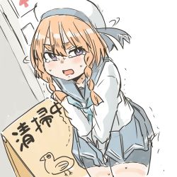 Rule 34 | 1girl, alternate eye color, between legs, bike shorts, blue neckerchief, blue ribbon, blue sailor collar, blue skirt, blush, bob cut, braid, collarbone, commentary, cowboy shot, crying, crying with eyes open, door, etorofu (kancolle), hair between eyes, hand between legs, hat, hat ribbon, have to pee, highres, kantai collection, long sleeves, neckerchief, pleated skirt, poyo (hellmayuge), purple eyes, red hair, ribbon, sailor collar, sailor hat, school uniform, serafuku, shorts, shorts under skirt, side braid, sign, skirt, solo, sweat, tears, thick eyebrows, translated, trembling, tsurime, twin braids, white hat
