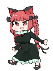 Rule 34 | 1girl, :3, :d, animal ears, black bow, black footwear, bow, braid, cat ears, cat tail, chibi, dress, fang, frilled dress, frills, full body, hair bow, kaenbyou rin, long sleeves, madoro, multiple tails, nekomata, open mouth, red eyes, red hair, smile, solo, tail, touhou, twin braids, two tails