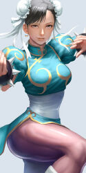 Rule 34 | 1girl, bangle, black hair, blue dress, bracelet, breasts, brown eyes, capcom, china dress, chinese clothes, chun-li, commentary request, double bun, dress, earrings, fighting stance, hair bun, hair ribbon, highres, jewelry, looking at viewer, lotz, medium breasts, muscular, muscular female, pantyhose, pearl earrings, pelvic curtain, puffy short sleeves, puffy sleeves, ribbon, short sleeves, simple background, solo, spiked bracelet, spikes, street fighter, swept bangs, white footwear, white ribbon