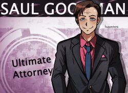 Rule 34 | 1boy, animification, artist name, better call saul, black suit, blue eyes, blue necktie, breaking bad, brown hair, character name, collared shirt, danganronpa (series), english text, formal, highres, huyandere, looking at viewer, male focus, necktie, parody, pink shirt, saul goodman, shirt, short hair, solo, standing, straight-on, suit, upper body