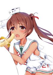 Rule 34 | 10s, 1girl, admiral (kancolle), banana, bare shoulders, brown eyes, brown hair, dark-skinned female, dark skin, dress, food, fruit, hand on another&#039;s head, headgear, henet hene, kantai collection, libeccio (kancolle), open mouth, saliva, saliva trail, sexually suggestive, simple background, tears, twintails, white background, white dress