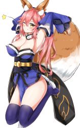 Rule 34 | 10s, 1girl, absurdres, animal ear fluff, animal ears, armpits, blue thighhighs, blush, breasts, calligraphy brush, calligraphy brush (medium), cleavage, detached sleeves, fate/extra, fate/grand order, fate (series), fox ears, fox tail, graphite (medium), highres, japanese clothes, large breasts, moyoron, one eye closed, paintbrush, pink hair, simple background, solo, star (symbol), tail, tamamo (fate), tamamo no mae (fate/extra), thighhighs, traditional media, white background, yellow eyes